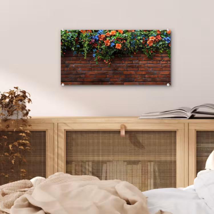 Glas schilderij - Bloemen - Muur - Groen - Oranje — 5