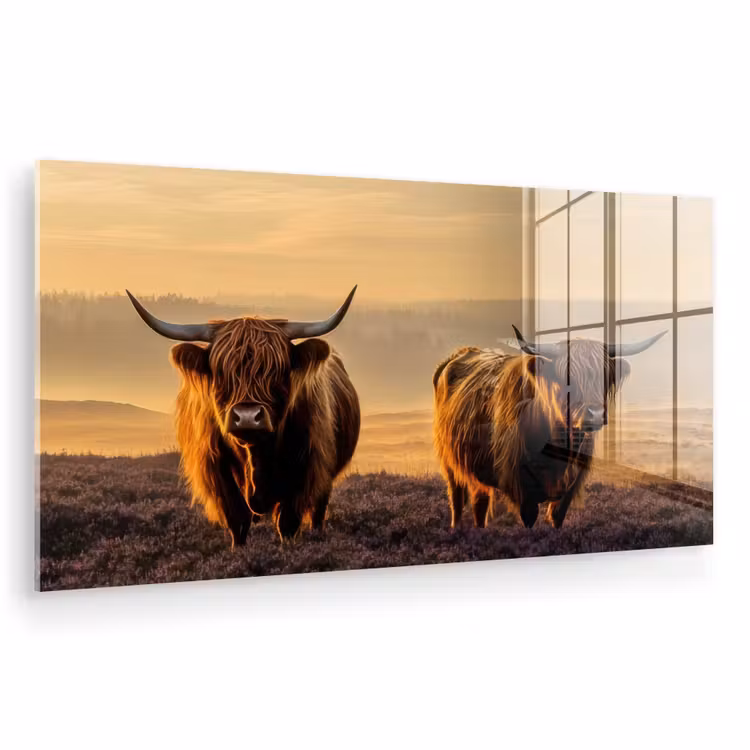 Glas schilderij - Schotse hooglanders - Heide - Landschap - Dieren — 1