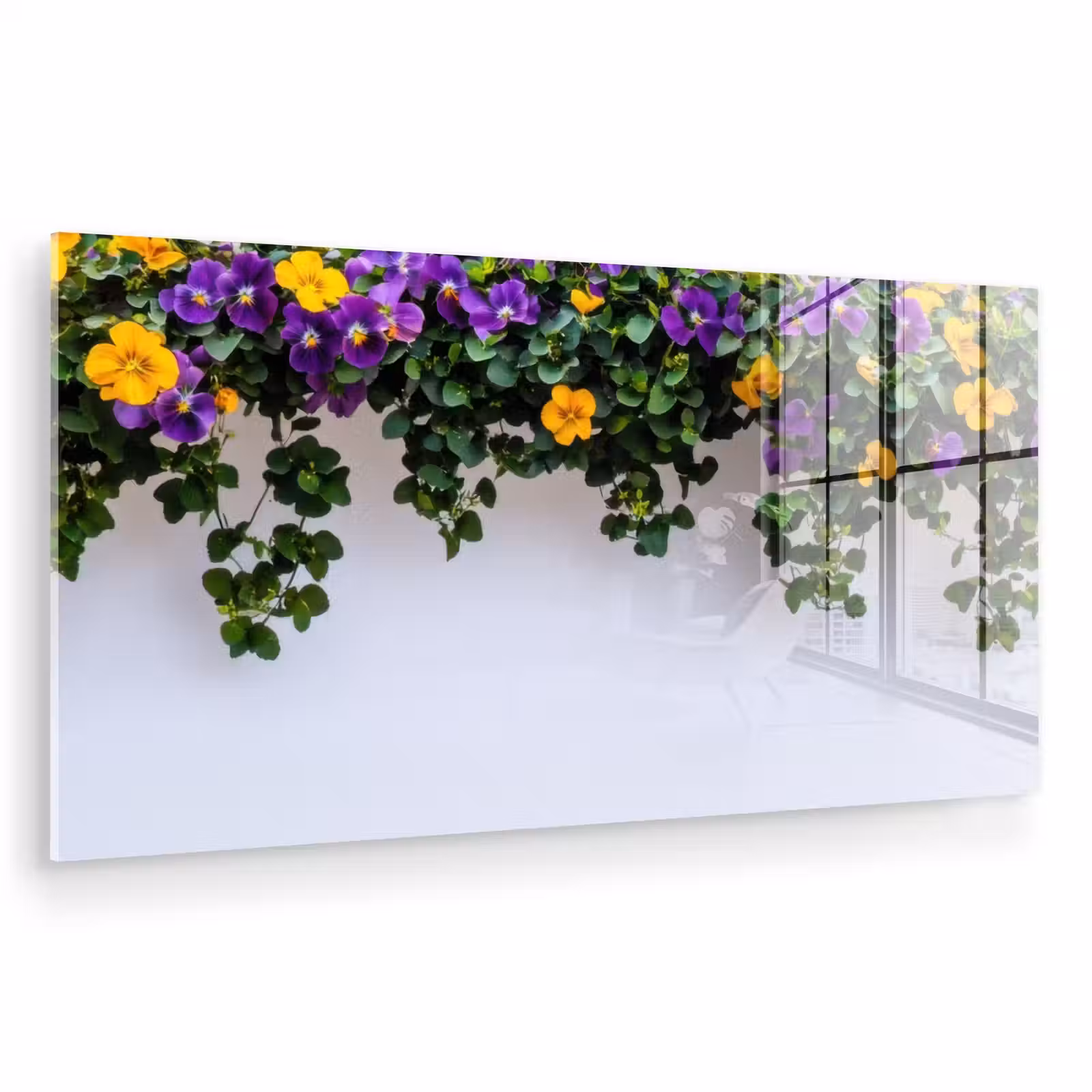 Glas schilderij - Bloemen - Muur - Geel - Paars — 1