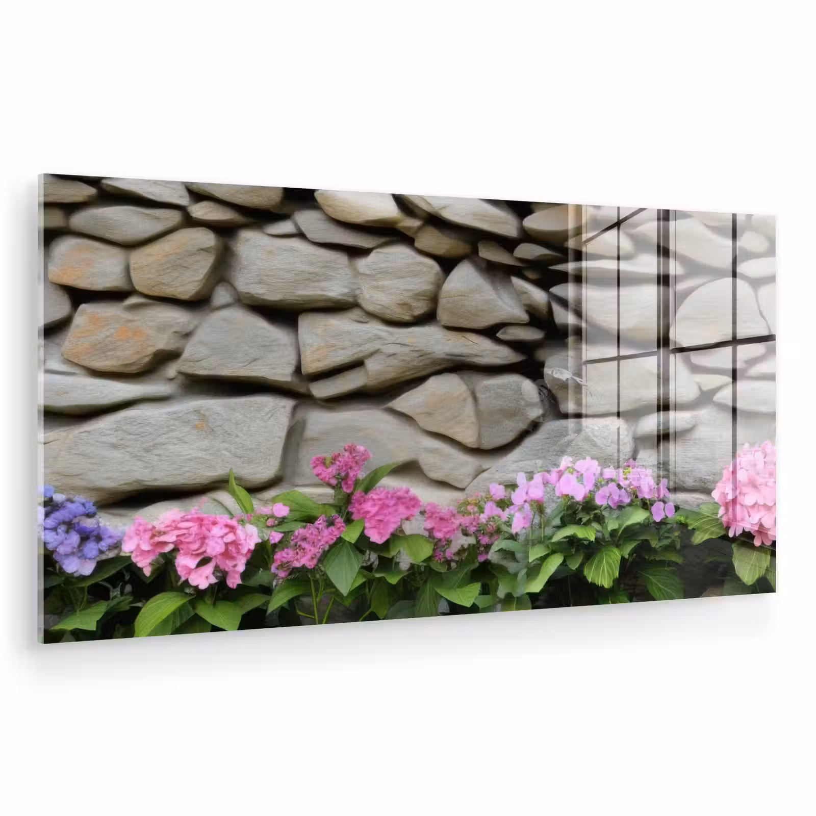 Glas schilderij - Hortensia’s - Stenen - Muur - Bloemen — 1