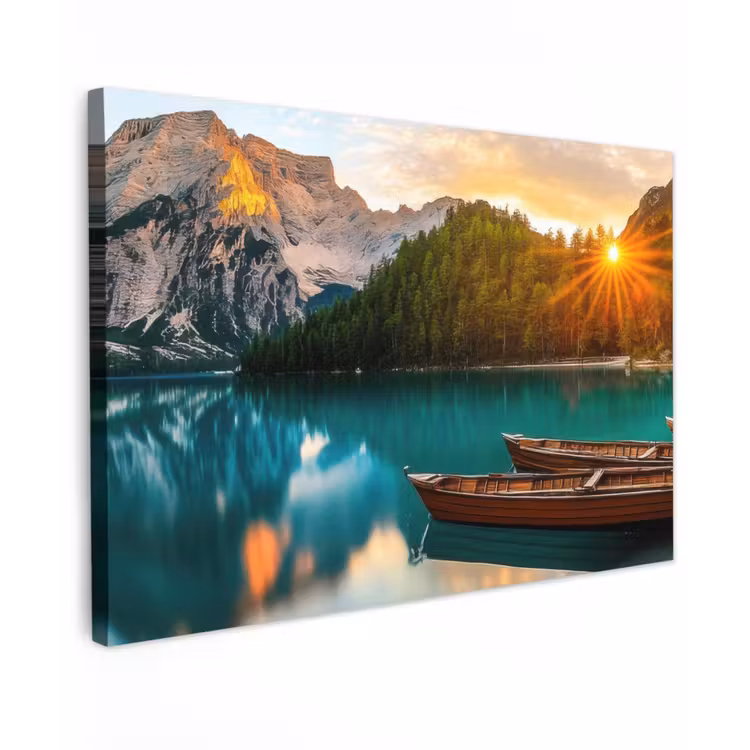 Canvas schilderij - Meer - Bergen - Zonsondergang - Boot — 1