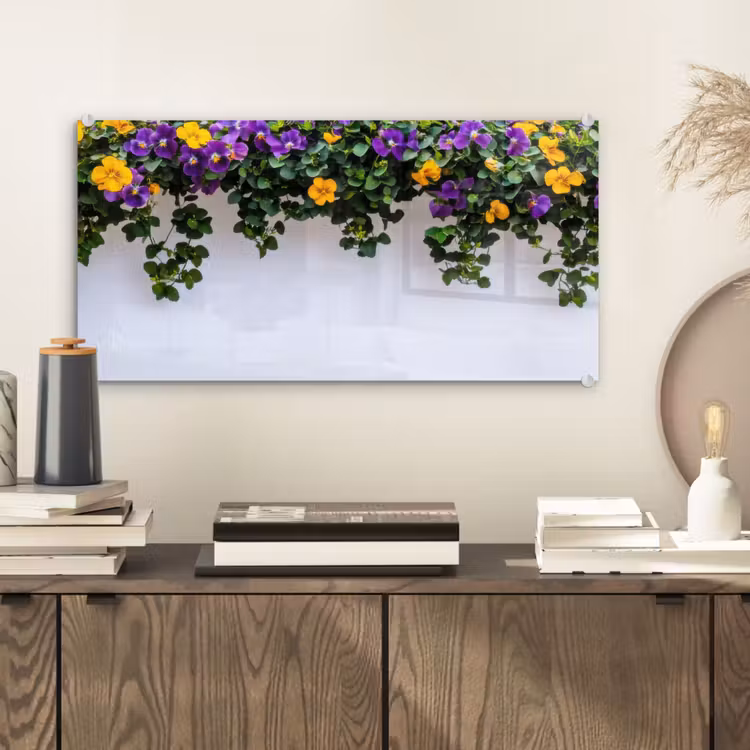 Glas schilderij - Bloemen - Muur - Geel - Paars — 2