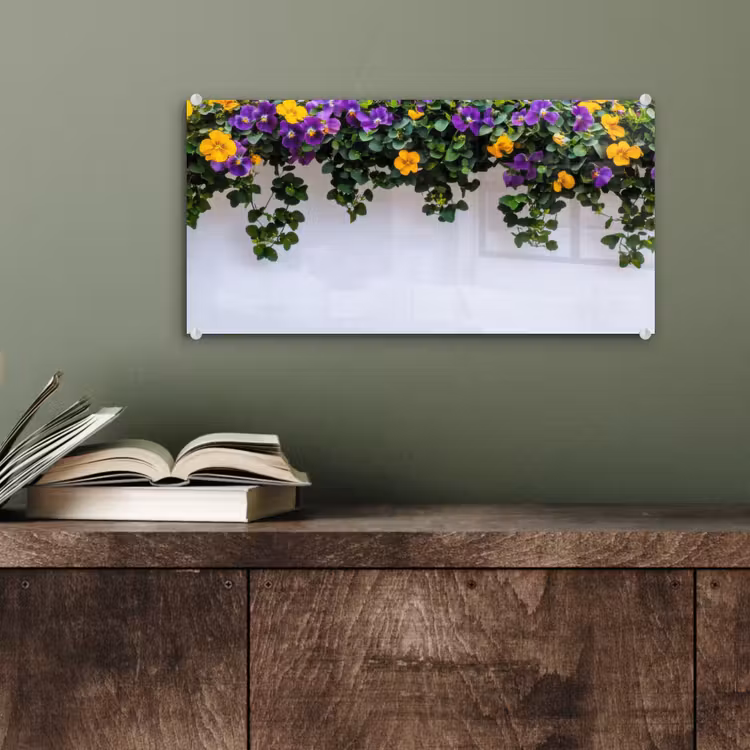 Glas schilderij - Bloemen - Muur - Geel - Paars — 4