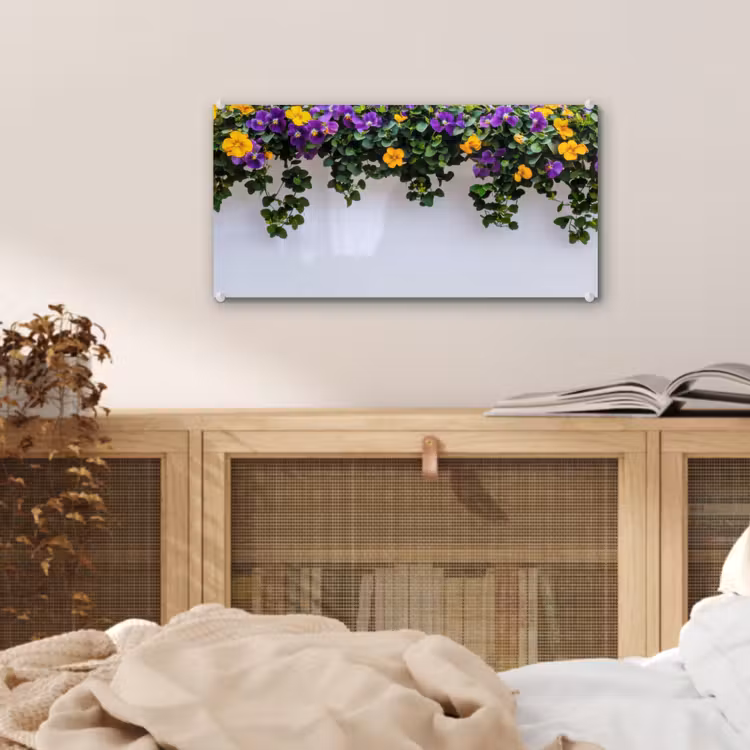 Glas schilderij - Bloemen - Muur - Geel - Paars — 5