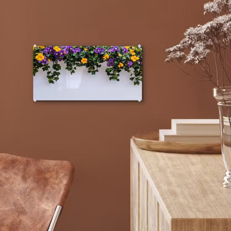 Glas schilderij - Bloemen - Muur - Geel - Paars — 6