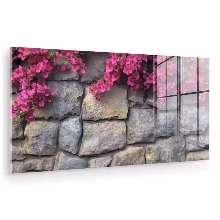 Glas schilderij - Bougainvillea - Stenen Muur - Roze — 1