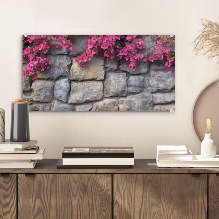 Glas schilderij - Bougainvillea - Stenen Muur - Roze — 2