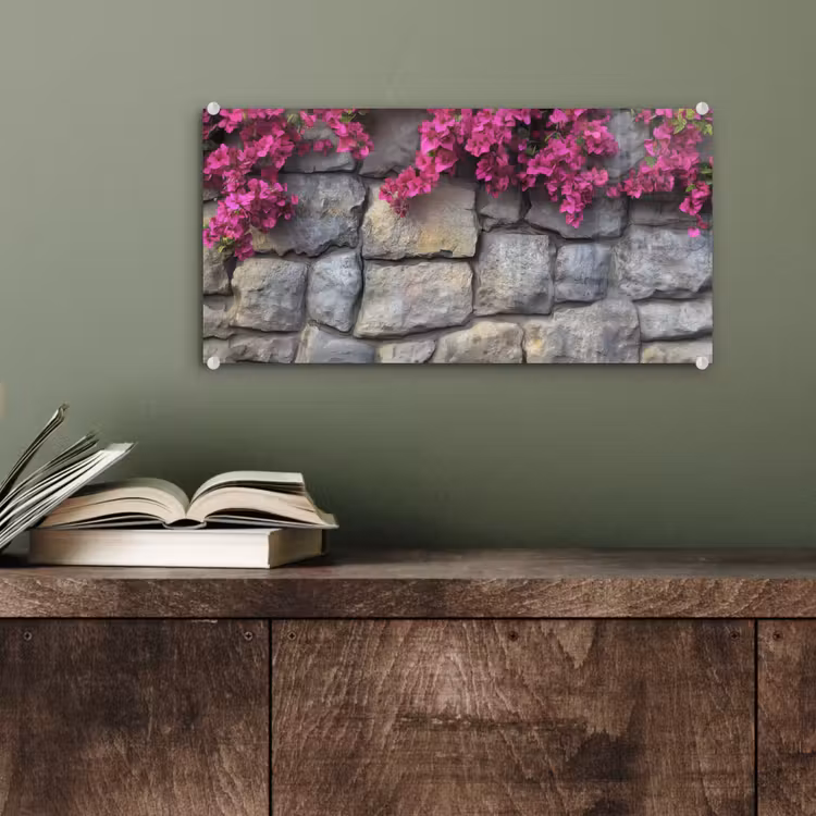 Glas schilderij - Bougainvillea - Stenen Muur - Roze — 4