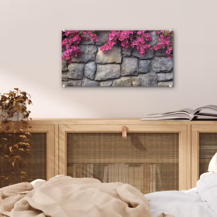 Glas schilderij - Bougainvillea - Stenen Muur - Roze — 5