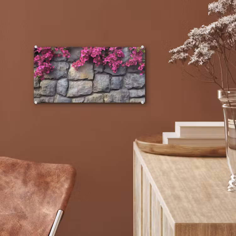 Glas schilderij - Bougainvillea - Stenen Muur - Roze — 6