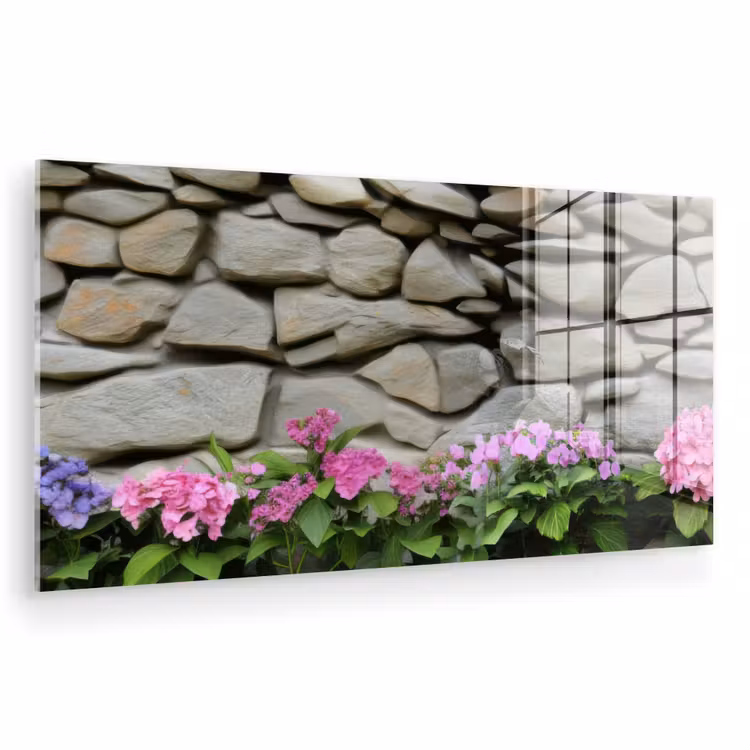 Glas schilderij - Hortensia’s - Stenen - Muur - Bloemen — 1