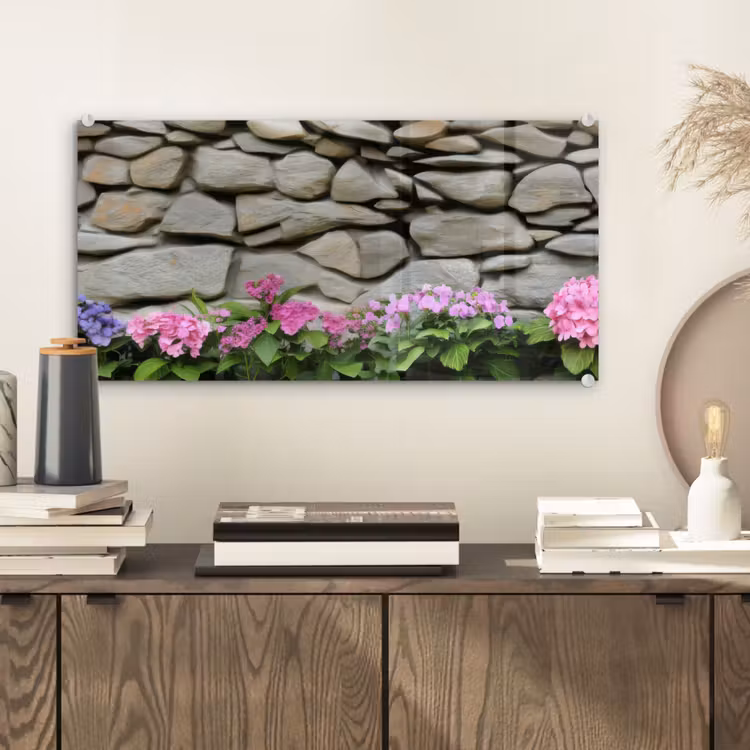 Glas schilderij - Hortensia’s - Stenen - Muur - Bloemen — 2