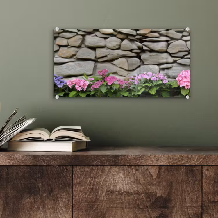Glas schilderij - Hortensia’s - Stenen - Muur - Bloemen — 4