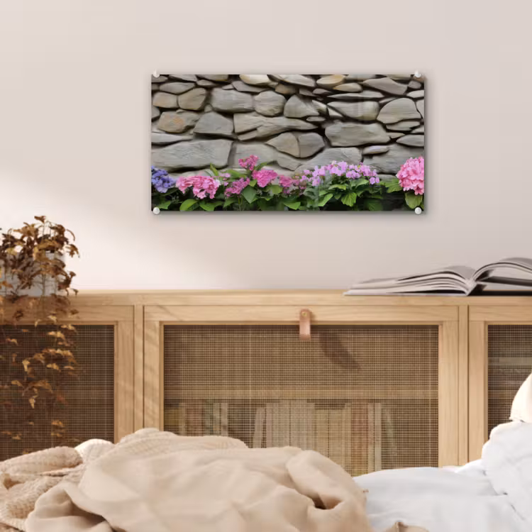 Glas schilderij - Hortensia’s - Stenen - Muur - Bloemen — 5