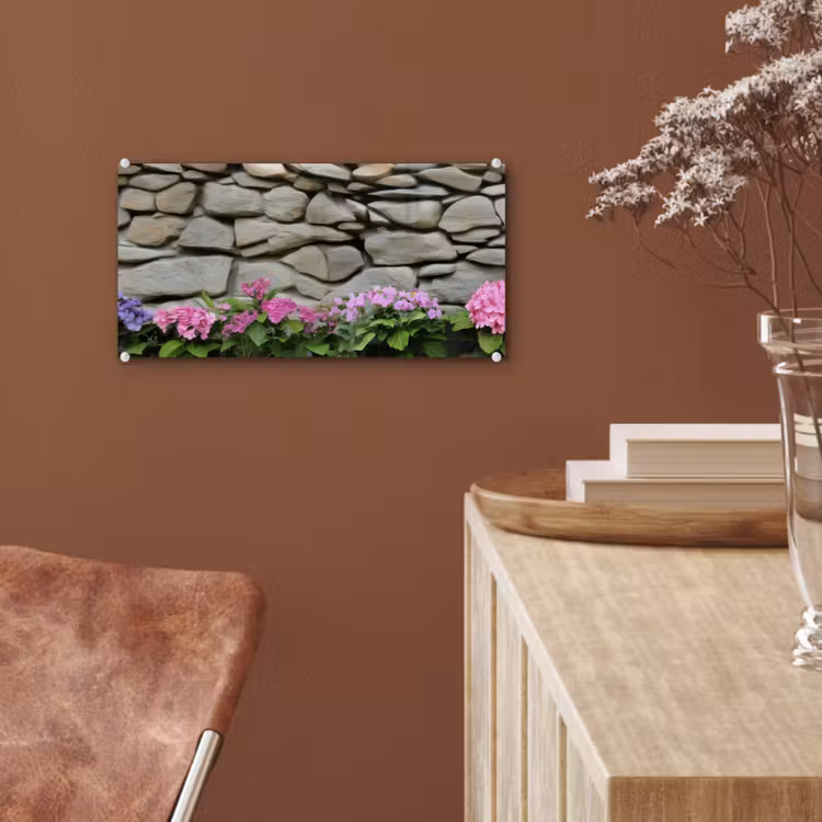 Glas schilderij - Hortensia’s - Stenen - Muur - Bloemen — 6