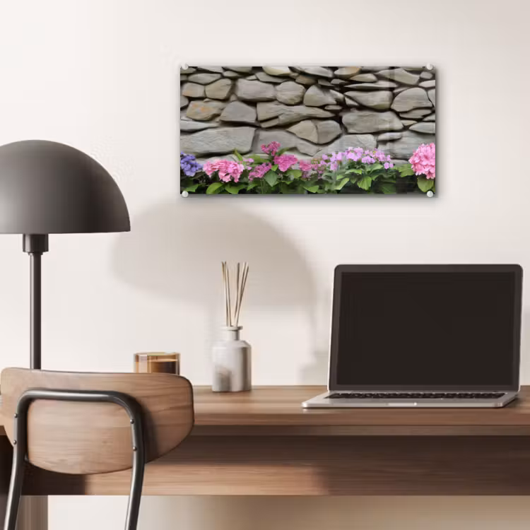 Glas schilderij - Hortensia’s - Stenen - Muur - Bloemen — 7