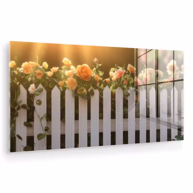 Glas schilderij - Rozen - Hek - Zonlicht — 1