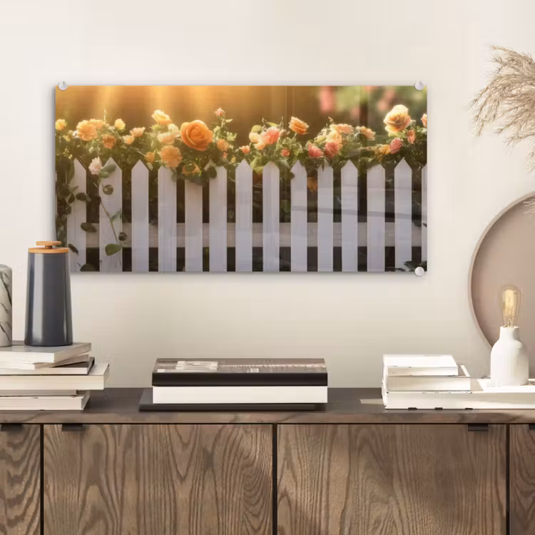 Glas schilderij - Rozen - Hek - Zonlicht — 2