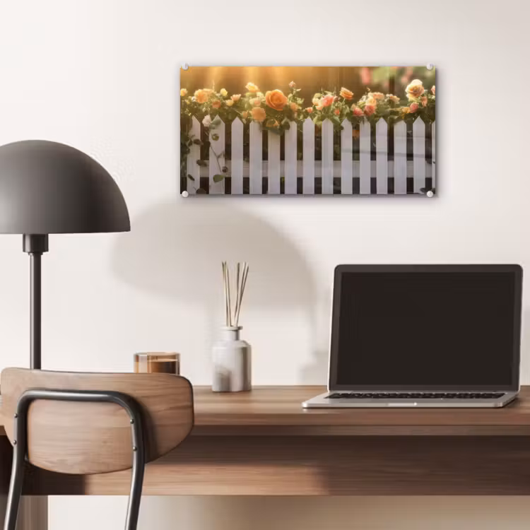Glas schilderij - Rozen - Hek - Zonlicht — 7