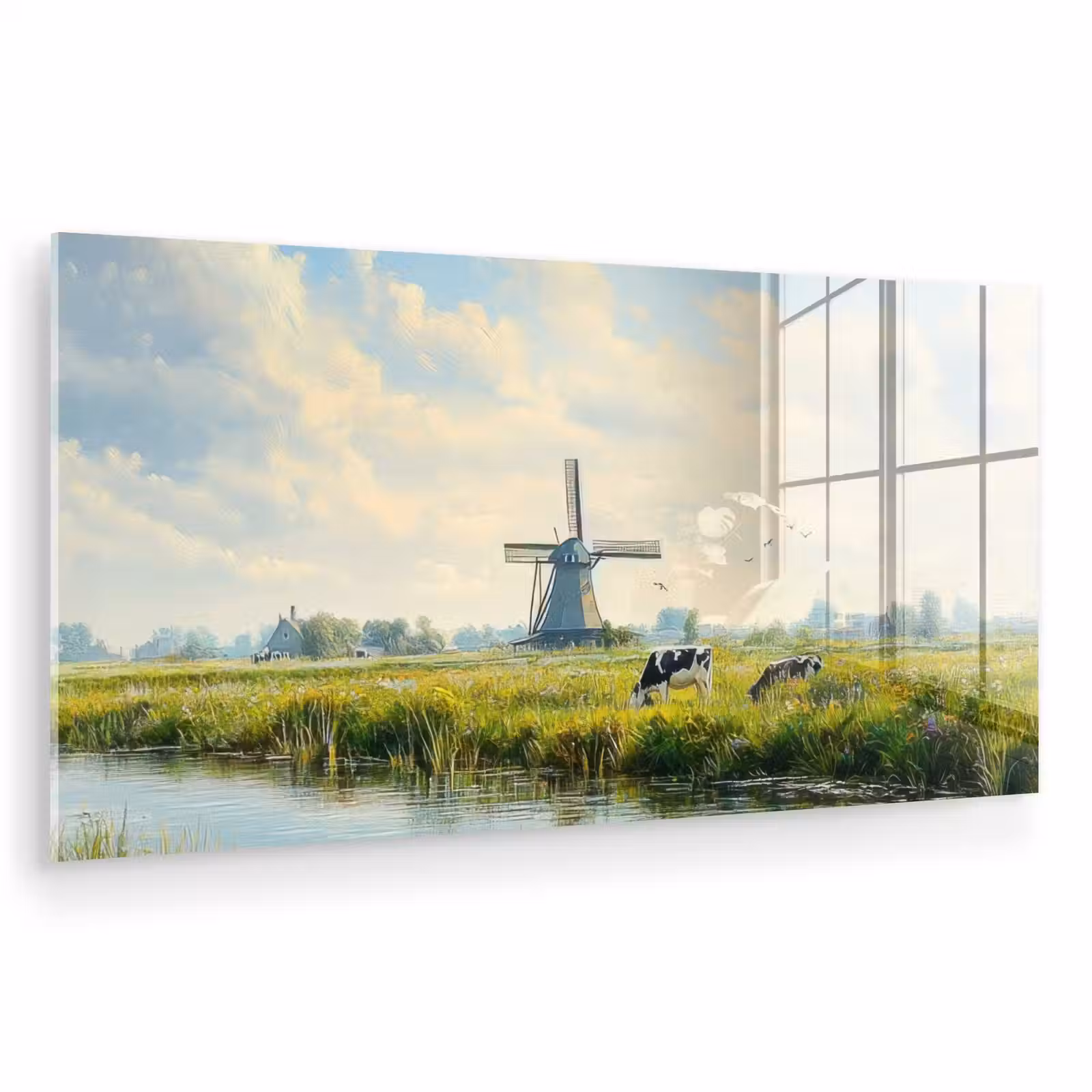 Glas schilderij - Koeien - Windmolen - Weide - Blauw — 1
