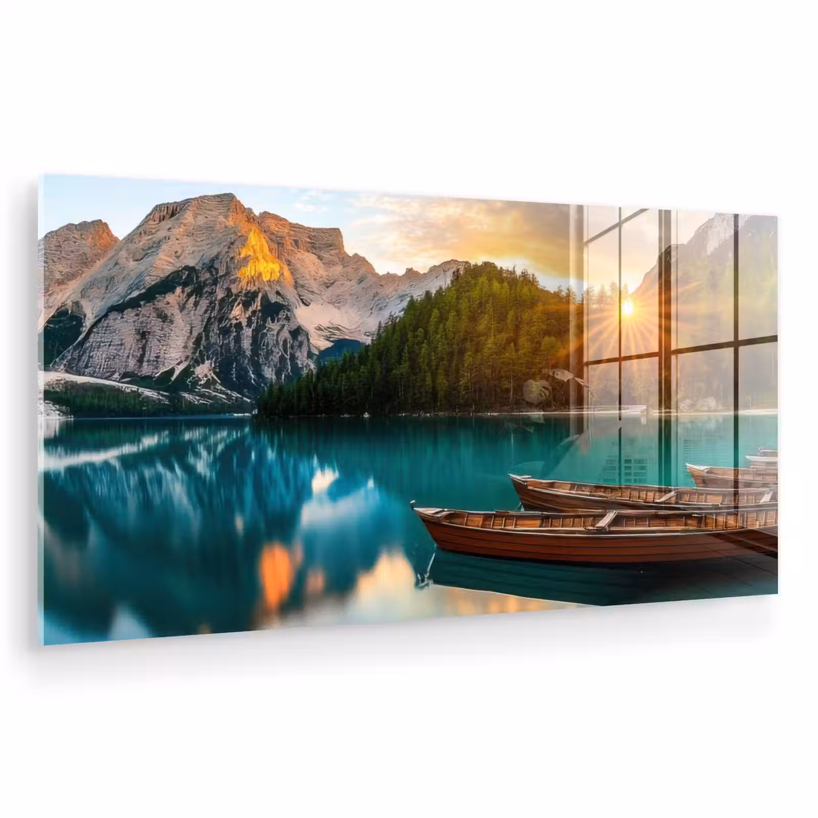 Glas schilderij - Meer - Bergen - Zonsondergang - Boot — 1