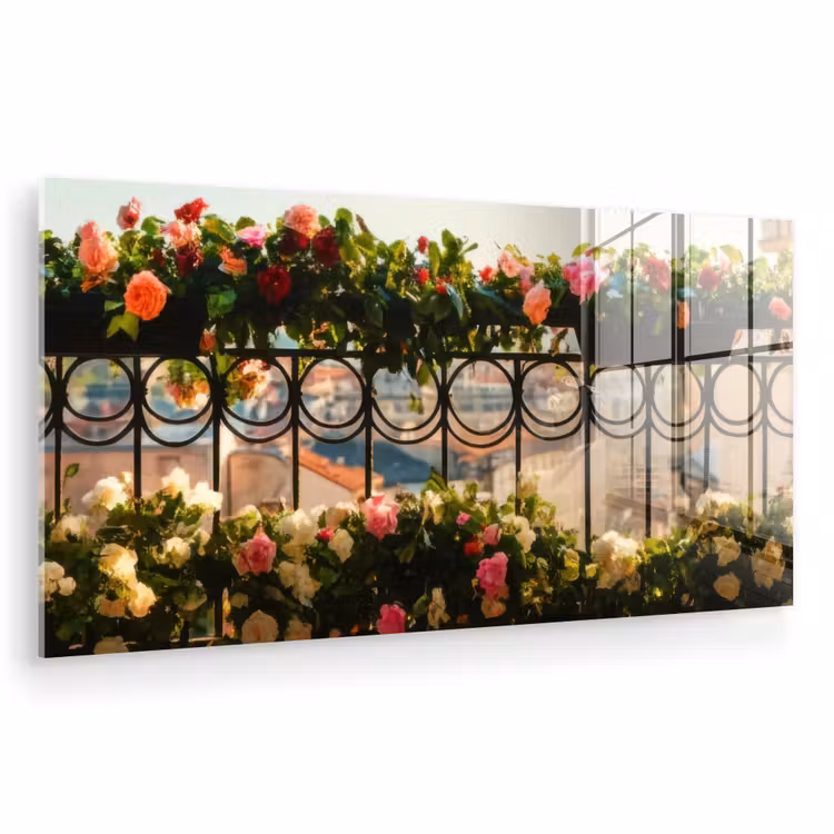 Glas schilderij - Bloemen - Hek - Stadszicht - Zomer — 1