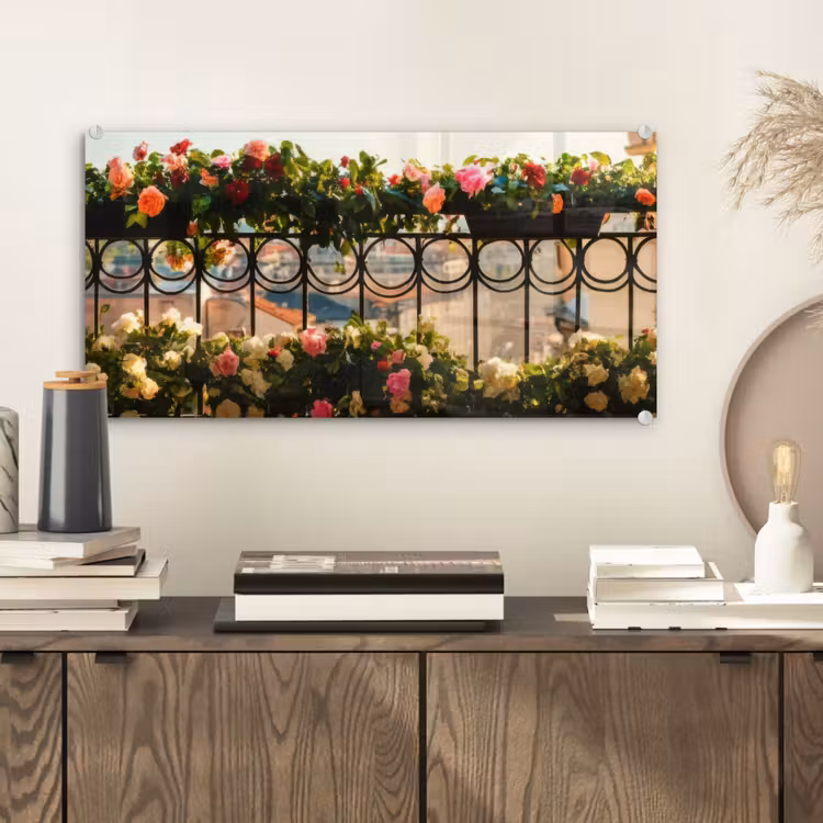 Glas schilderij - Bloemen - Hek - Stadszicht - Zomer — 2