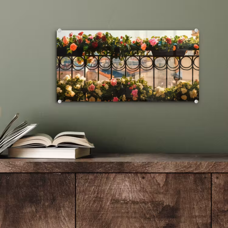 Glas schilderij - Bloemen - Hek - Stadszicht - Zomer — 4