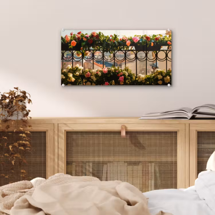 Glas schilderij - Bloemen - Hek - Stadszicht - Zomer — 5