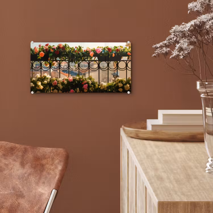 Glas schilderij - Bloemen - Hek - Stadszicht - Zomer — 6