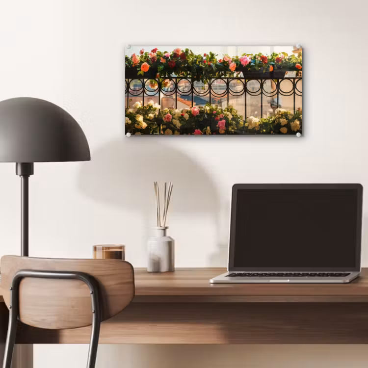 Glas schilderij - Bloemen - Hek - Stadszicht - Zomer — 7