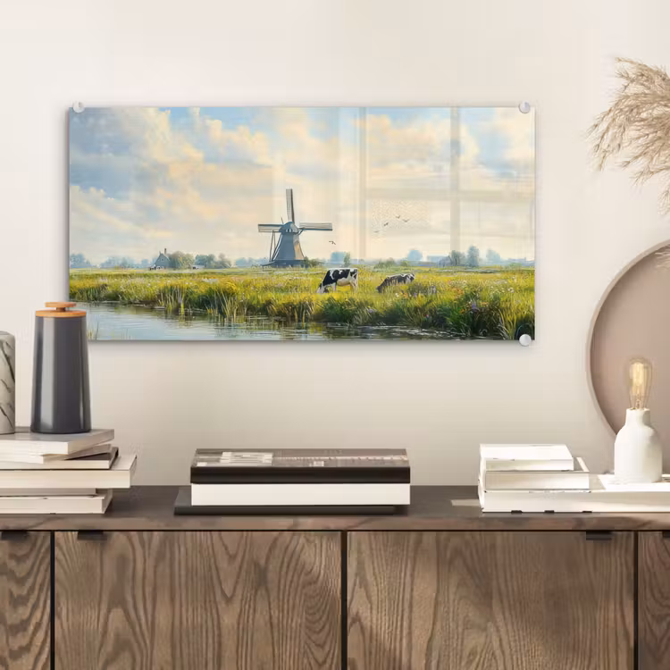 Glas schilderij - Koeien - Windmolen - Weide - Blauw — 2