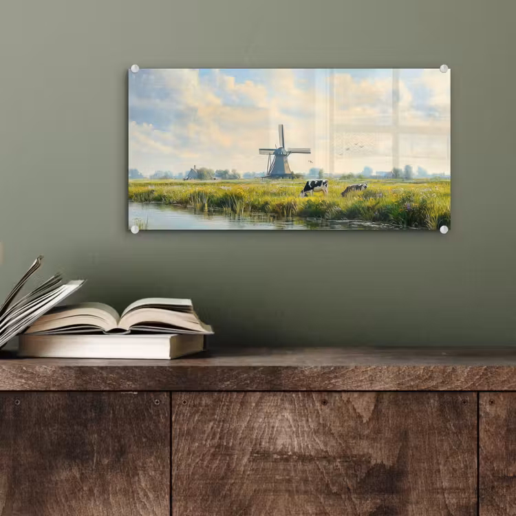 Glas schilderij - Koeien - Windmolen - Weide - Blauw — 4