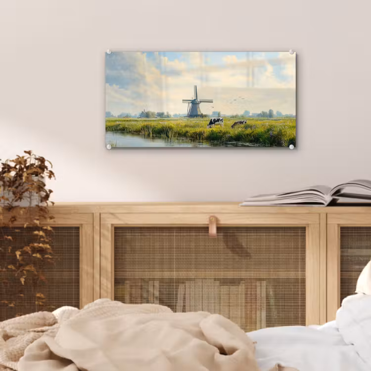 Glas schilderij - Koeien - Windmolen - Weide - Blauw — 5