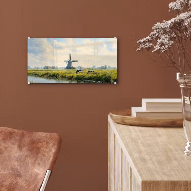 Glas schilderij - Koeien - Windmolen - Weide - Blauw — 6