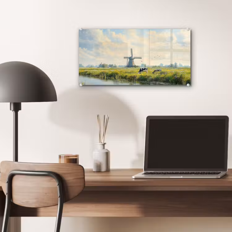 Glas schilderij - Koeien - Windmolen - Weide - Blauw — 7