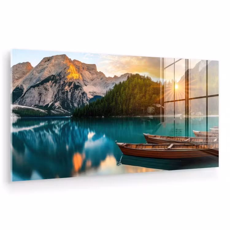Glas schilderij - Meer - Bergen - Zonsondergang - Boot — 1
