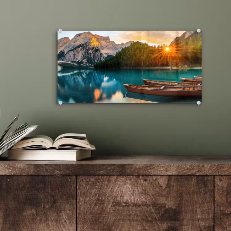 Glas schilderij - Meer - Bergen - Zonsondergang - Boot — 4