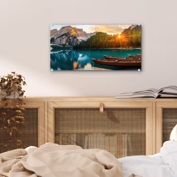 Glas schilderij - Meer - Bergen - Zonsondergang - Boot — 5