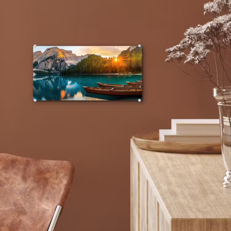Glas schilderij - Meer - Bergen - Zonsondergang - Boot — 6