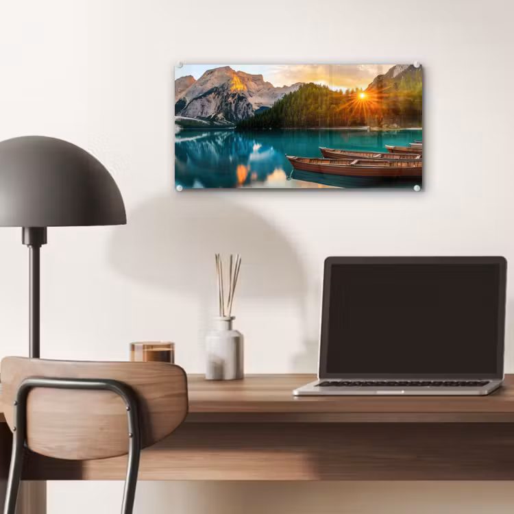 Glas schilderij - Meer - Bergen - Zonsondergang - Boot — 7