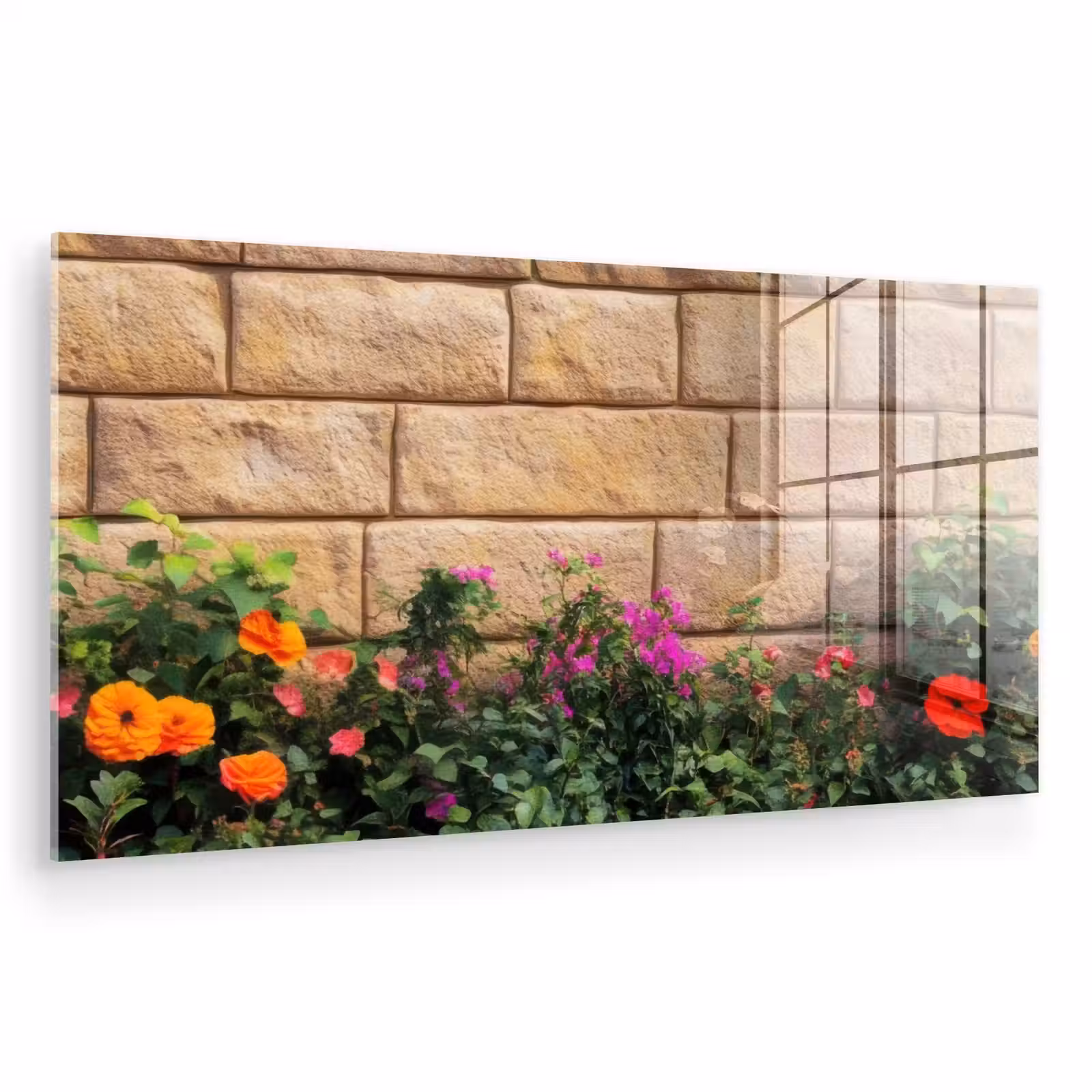 Glas schilderij - Bloemen - Bakstenen - Kleurrijk — 1