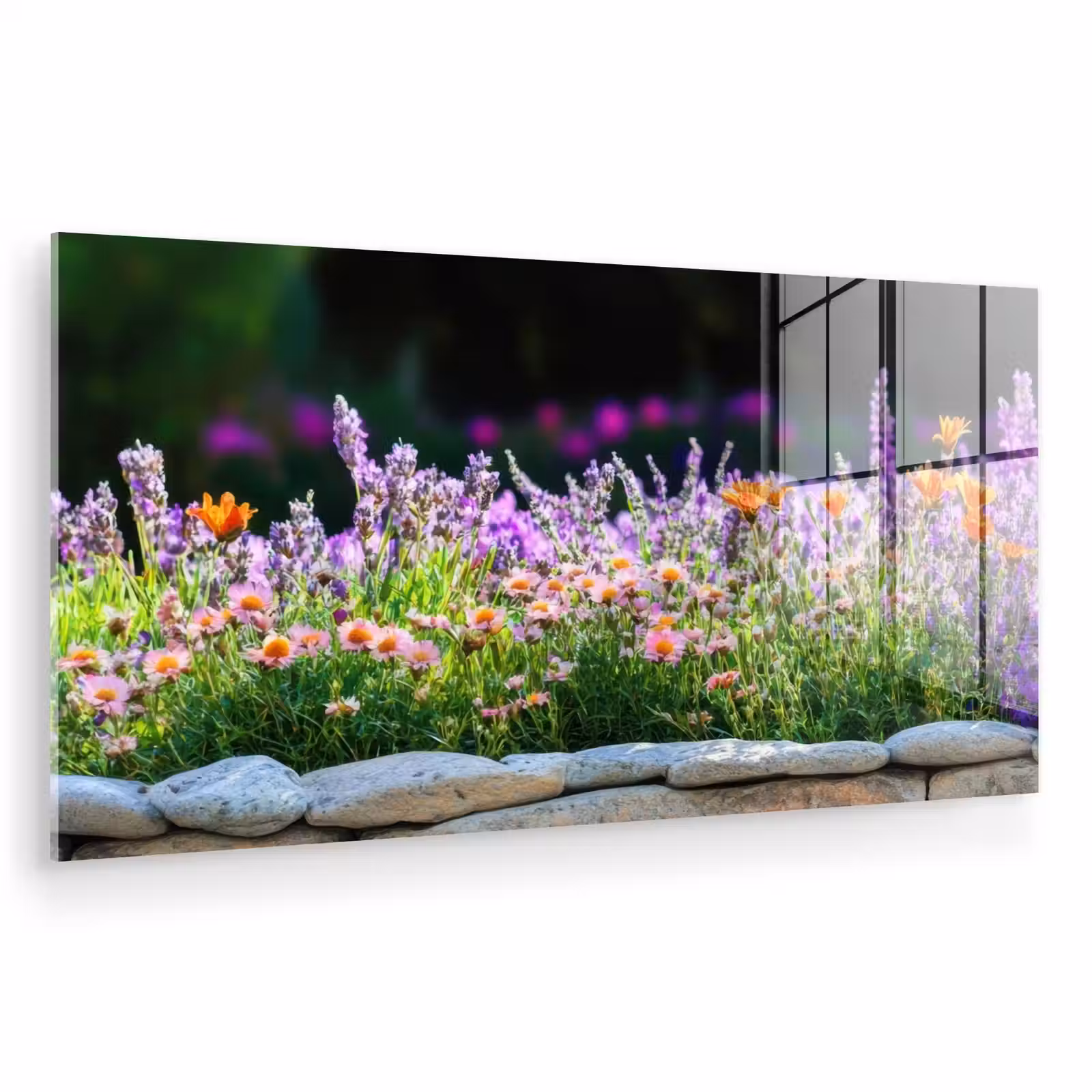Glas schilderij - Bloemen - Steenrand - Kleurrijk — 1