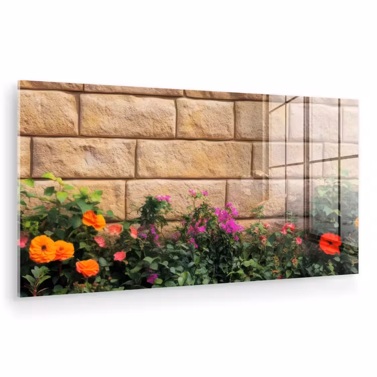 Glas schilderij - Bloemen - Bakstenen - Kleurrijk — 1