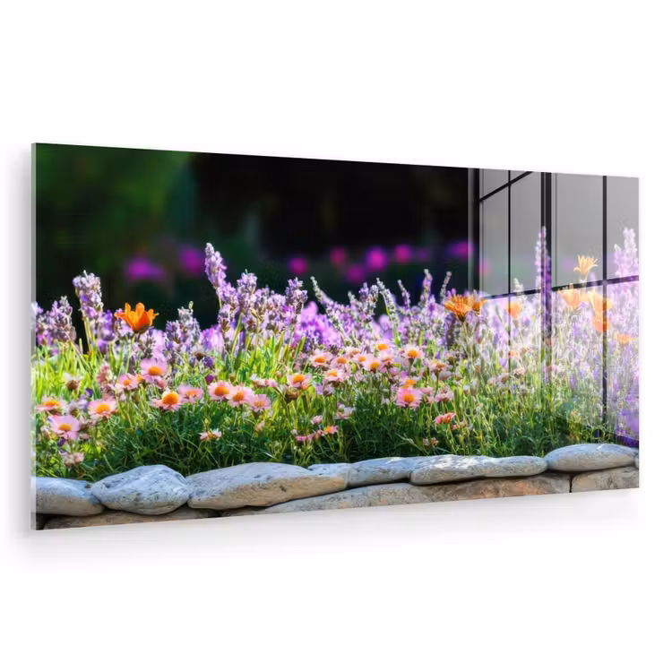 Glas schilderij - Bloemen - Steenrand - Kleurrijk — 1
