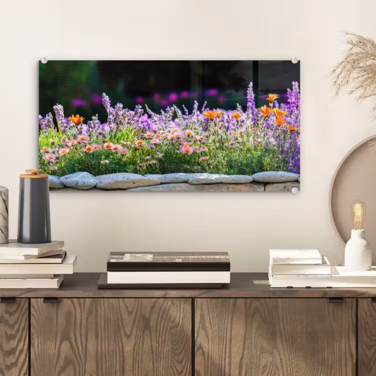 Glas schilderij - Bloemen - Steenrand - Kleurrijk — 2