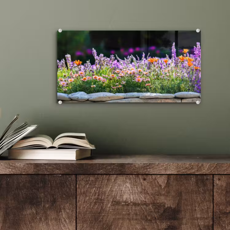 Glas schilderij - Bloemen - Steenrand - Kleurrijk — 4