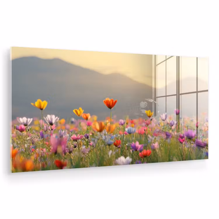 Glas schilderij - Bloemenveld - Bergen - Zonlicht - Bloemen — 1