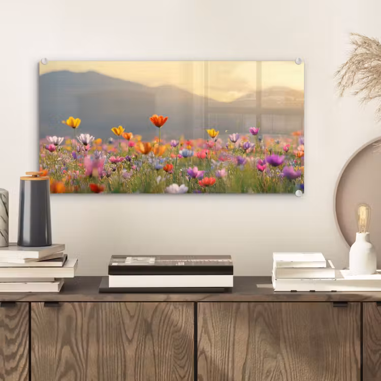 Glas schilderij - Bloemenveld - Bergen - Zonlicht - Bloemen — 2