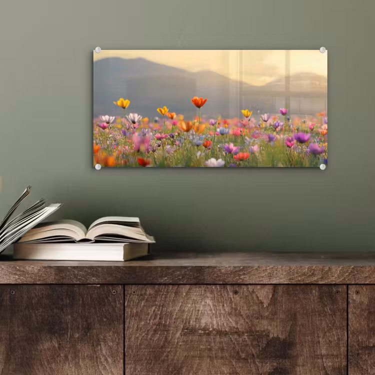 Glas schilderij - Bloemenveld - Bergen - Zonlicht - Bloemen — 4